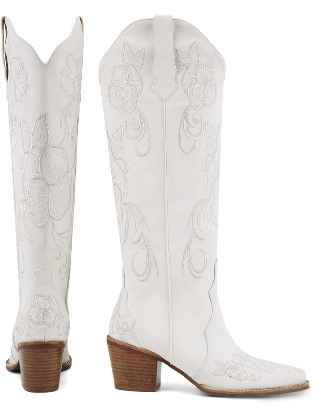 Women White Faux Leather Western Pointed Toe Cowboy Cowgirl Chunky Block Heel - Picture 5 of 7